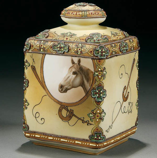 18 A NIPPON HORSE & MORIAGE DECORATED COVERED HUMIDOR