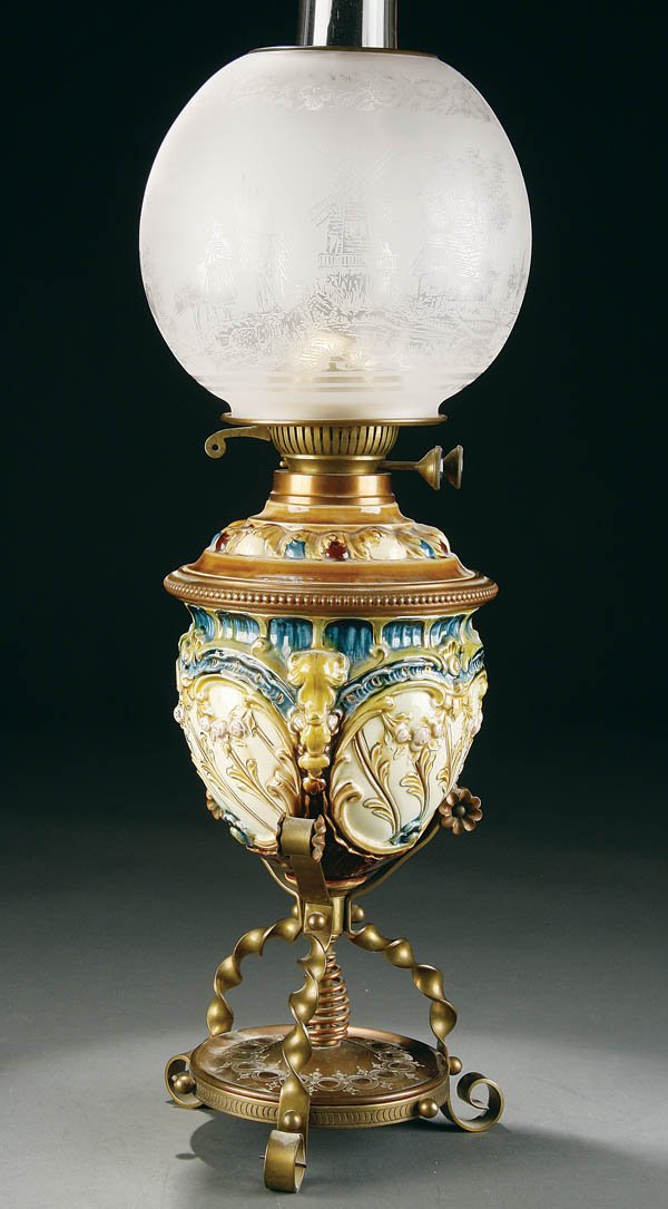 A MAJOLICA 3 PART OIL LAMP, late 19th century, po