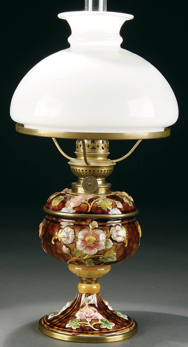 TWO MAJOLICA OIL LAMPS, circa 1890, both corset s