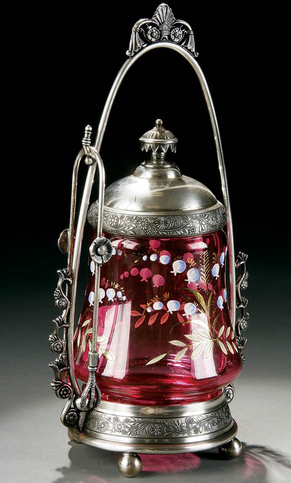 A CRANBERRY PICKLE CASTOR, circa 1900, barrel for