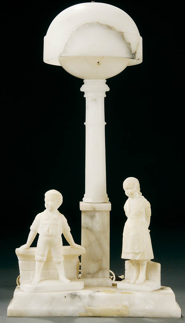 AN ITALIAN FIGURAL CARVED ALABASTER TABLE LAMP 20