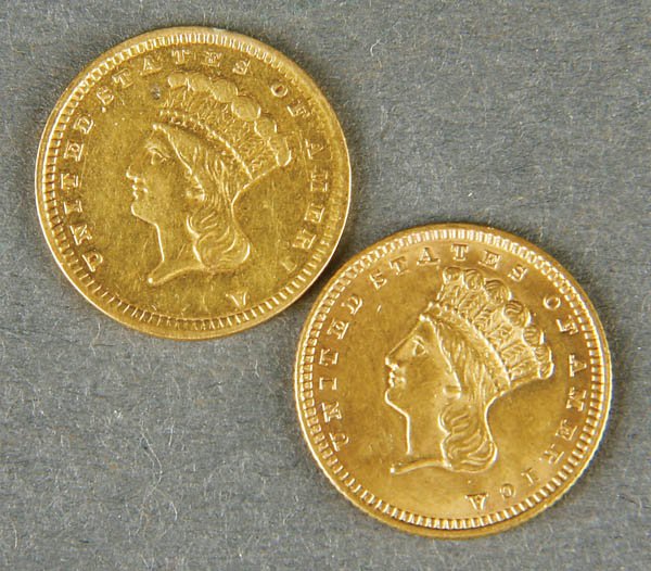 TWO $1 LIBERTY HEAD GOLD COINS 1858 and 1873 Type