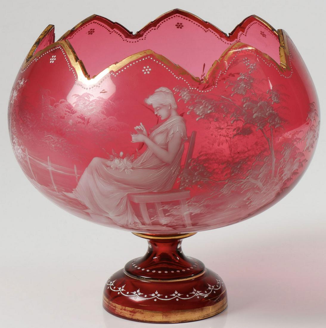 EXCEPTIONAL MARY GREGORY CRANBERRY BOWL: EXCEPTIONAL MARY GREGORY CRANBERRY BOWL. Comprising a large and impressive Bohemian (AKA Mary Gregory) enameled and gilt decorated bowl on pedestal base with shaped rim. Finely enameled with a depicti