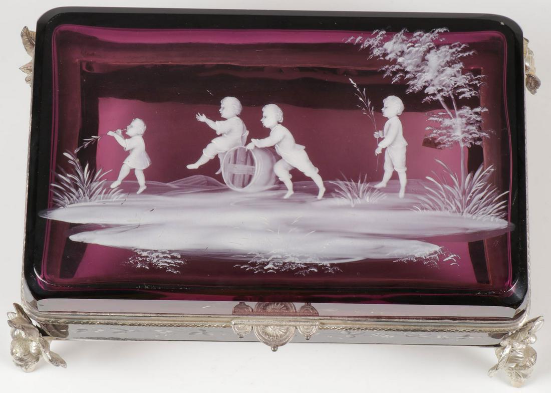 LARGE MARY GREGORY AMETHYST BOX: LARGE MARY GREGORY AMETHYST BOX. Comprising a large and impressive Bohemian (AKA Mary Gregory) enamel decorated amethyst box. Of rectangular form with beveled and rounded corners, the hinged lid finel