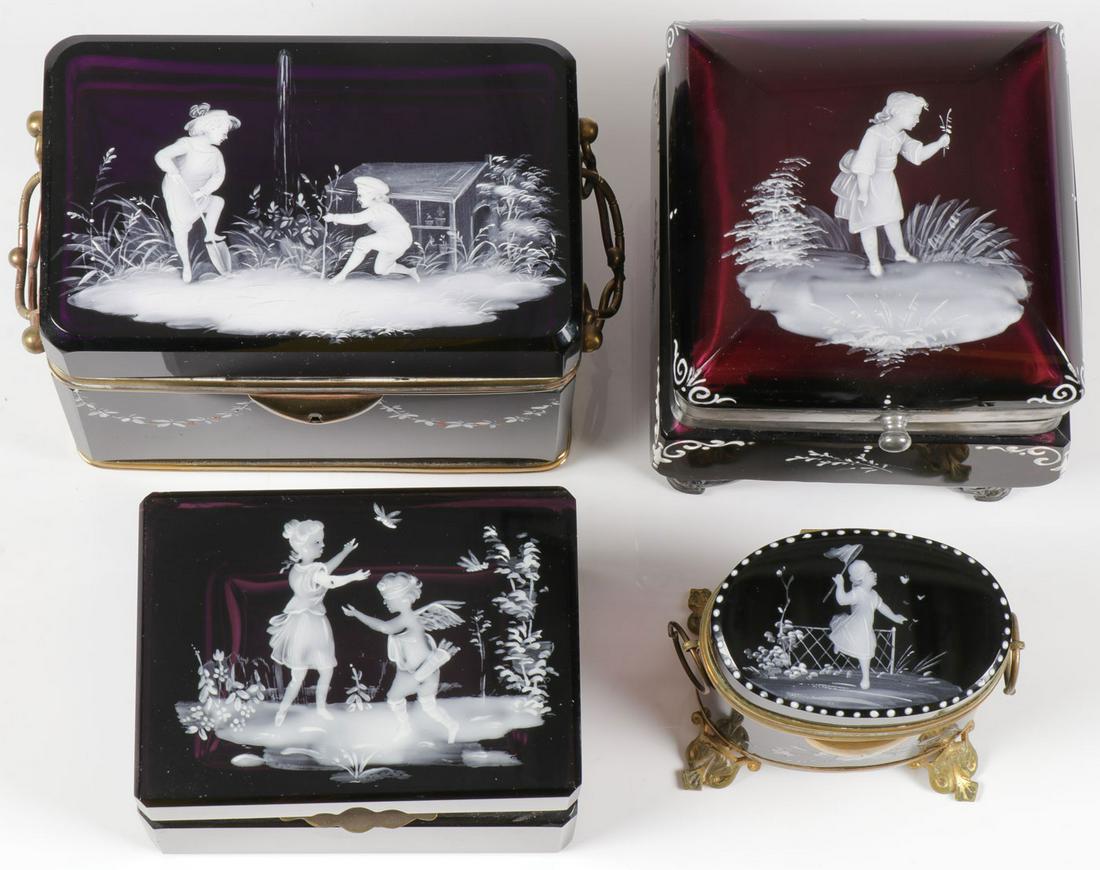 FOUR MARY GREGORY AMETHYST BOXES, C. 1880: FOUR MARY GREGORY AMETHYST BOXES, C. 1880. Comprising four large exquisitely decorated Bohemian (AKA Mary Gregory) enamel decorated dresser boxes of various shapes and sizes. Each with hinged lid fine