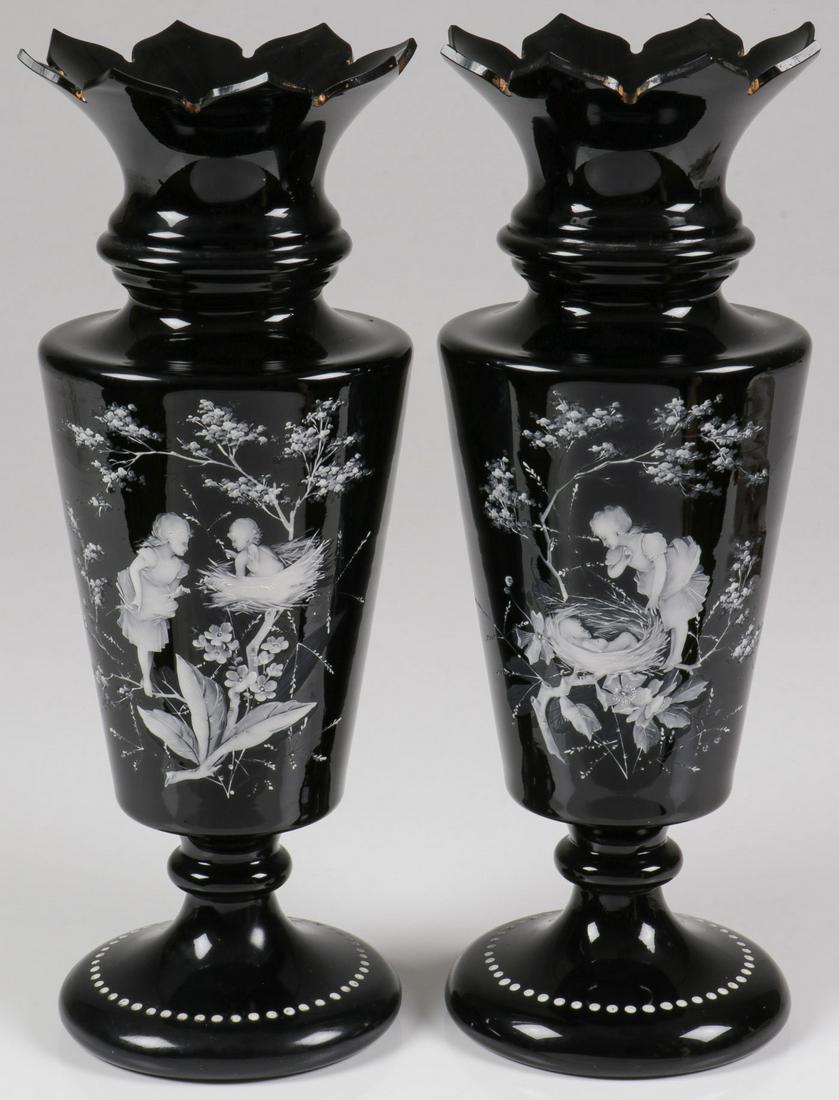 EXCEPTIONAL PAIR MARY GREGORY VASES, C. 1890: EXCEPTIONAL PAIR MARY GREGORY VASES, C. 1890. Comprising a pair of exceptional Bohemian (AKA Mary Gregory) enamel decorated matching black glass vases. Of traditional form with conical base, flared pe