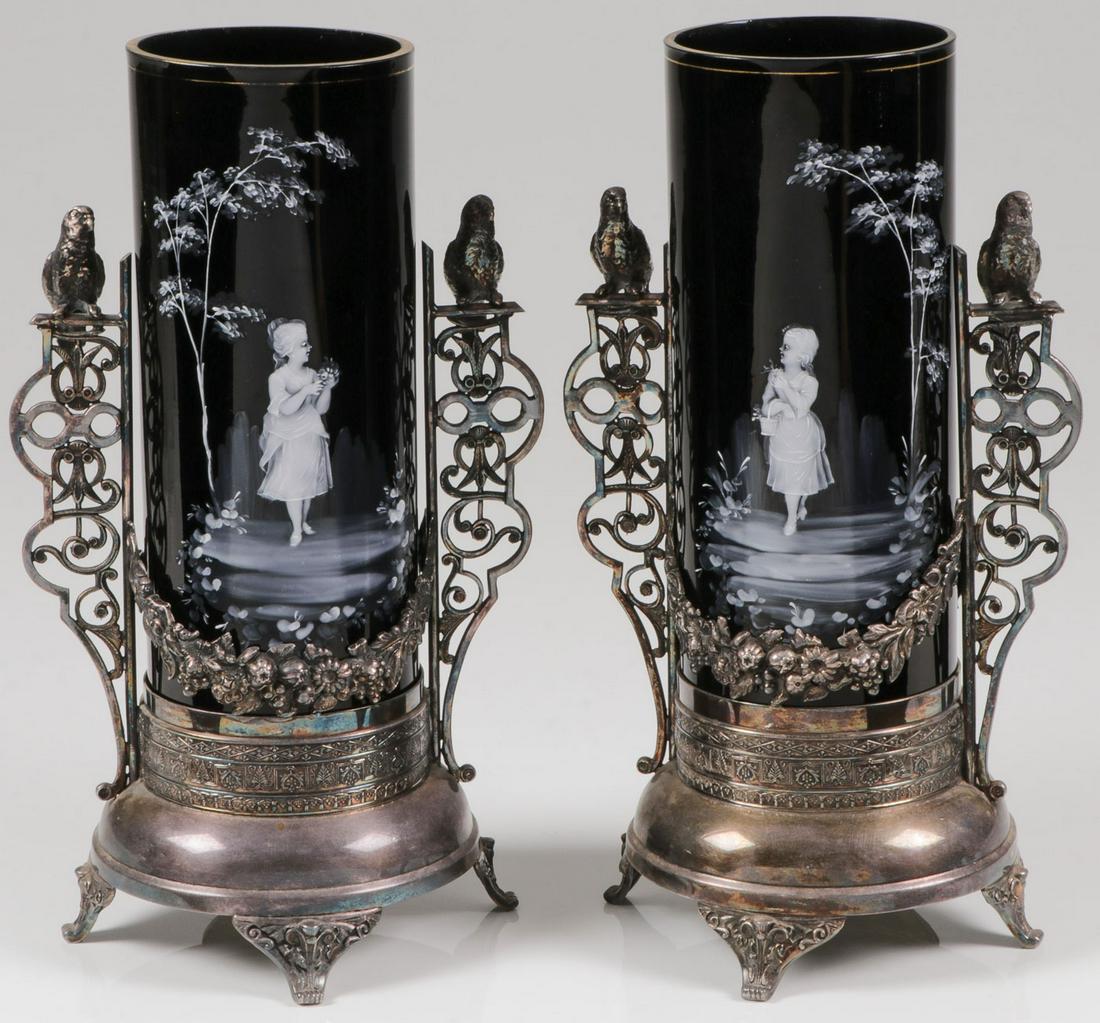 EXCEPTIONAL MARY GREGORY MANTLE VASES, C. 1880: EXCEPTIONAL MARY GREGORY MANTLE VASES, C. 1880. Comprising a pair of matching Bohemian (AKA Mary Gregory) enameled mantle vases in matching silver-plated frames. Each glass vase finely painted with op