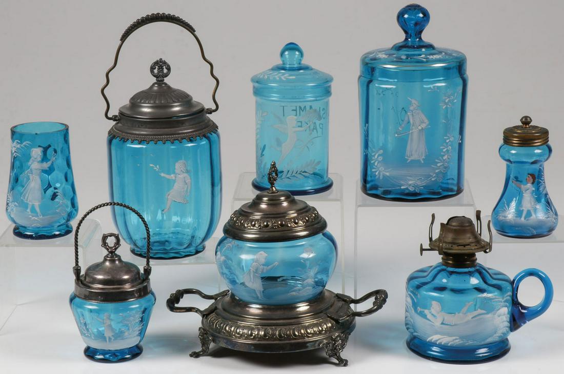 EIGHT PIECES MARY GREGORY SAPPHIRE BLUE GLASS: EIGHT PIECES MARY GREGORY SAPPHIRE BLUE GLASS. Comprising eight pieces Bohemian (AKA Mary Gregory) enamel decorated Sapphire Blue glass of various shapes, sizes, and functions, including a paneled bis