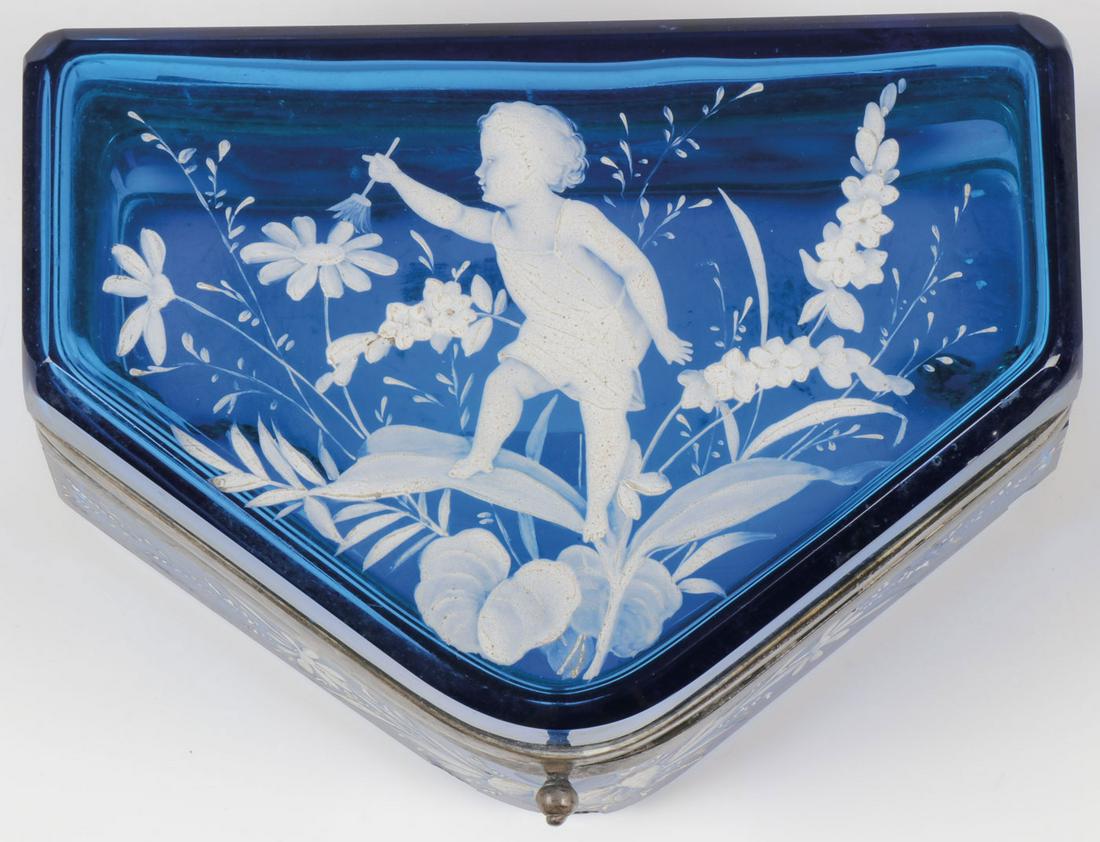 A FINE MARY GREGORY SHAPED BOX, C. 1890: A FINE MARY GREGORY SHAPED BOX, C. 1890. Comprising a very fine Bohemian (AKA Mary Gregory) enamel decorated sapphire blue shaped box with beveled edges. The hinged lid finely decorated with a child a