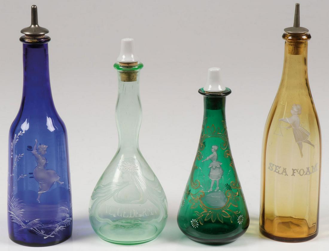 FOUR MARY GREGORY BARBER BOTTLES, C. 1890: FOUR MARY GREGORY BARBER BOTTLES, C. 1890. Comprising four individual Bohemian AKA Mary Gregory enamel decorated glass barber bottles of various shapes and colors including a cobalt blue example with 