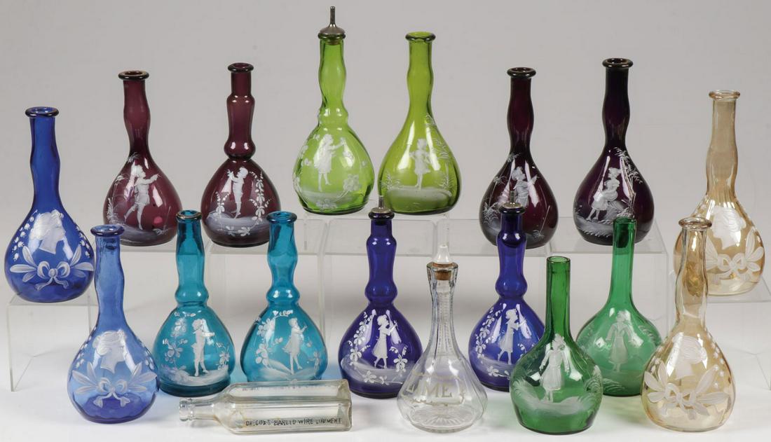 8 MARY GREGORY MATCHING BARBER BOTTLE SETS C 1890: 8 MARY GREGORY MATCHING BARBER BOTTLE SETS, CIRCA 1900. Comprising 16 individual bottles making up 8 matching sets of Bohemian (AKA Mary Gregory) enamel decorated glass barber bottles of various color