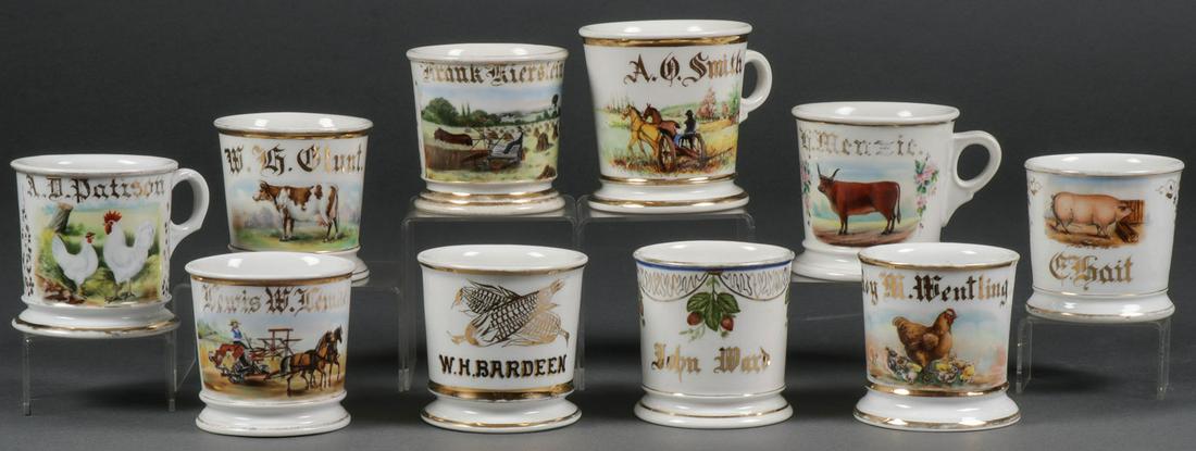 10 OCCUPATIONAL SHAVING MUGS, C. 1890: 10 OCCUPATIONAL SHAVING MUGS, C. 1890. All agricultural related, including two with chickens, one with dairy cow, one with beef cow, one with hog, one with strawberries, one with corn, two with horse 