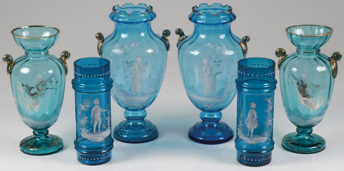 THREE PAIRS MARY GREGORY MATCHING VASES: THREE PAIRS MARY GREGORY MATCHING VASES. Comprising three matching pairs of Bohemian (AKA Mary Gregory) enamel decorated sapphire blue glass vases including a pair of large baluster form matching vase