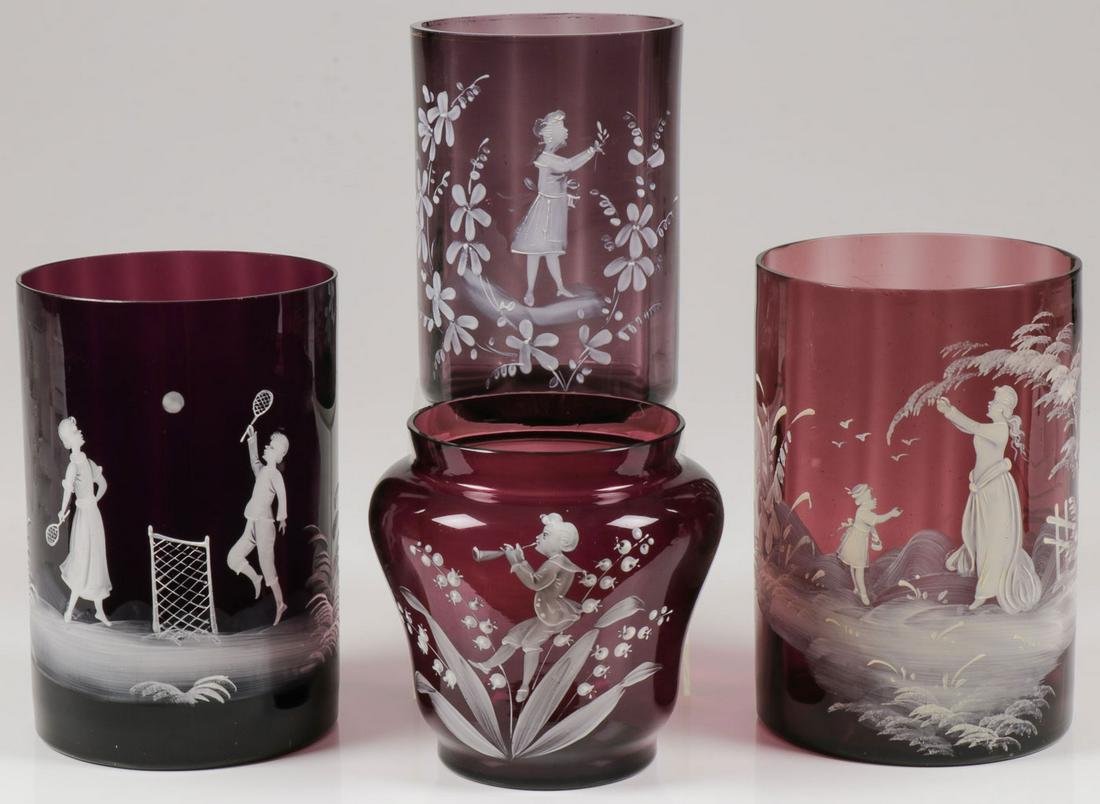 FOUR PIECES MARY GREGORY AMETHYST GLASS: FOUR PIECES MARY GREGORY AMETHYST GLASS. Comprising four pieces Bohemian (AKA Mary Gregory) amethyst enamel decorated glass of various shapes, sizes, and functions including three cylindrical jars or 