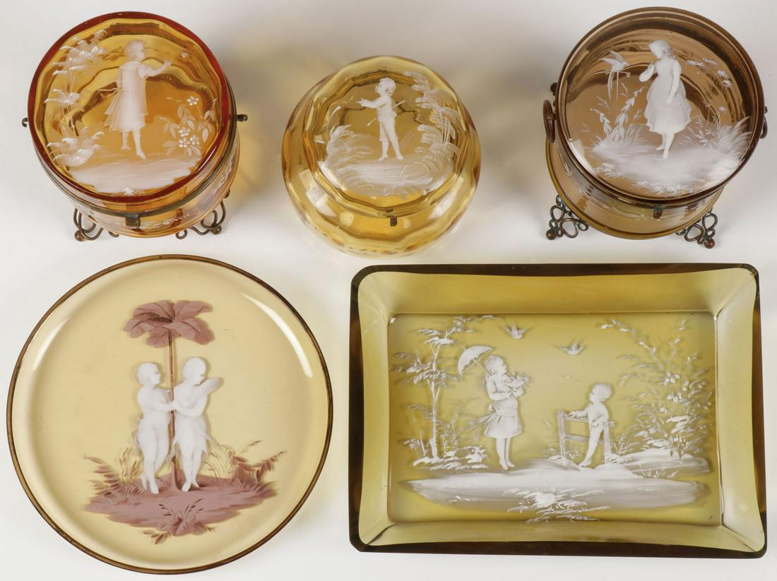 FIVE PIECES MARY GREGORY GLASSWARE: FIVE PIECES MARY GREGORY GLASSWARE. Comprising five individual pieces of exceptionally painted Bohemian (AKA Mary Gregory) enamel decorated amethyst glass of various shapes, sizes, and functions inclu