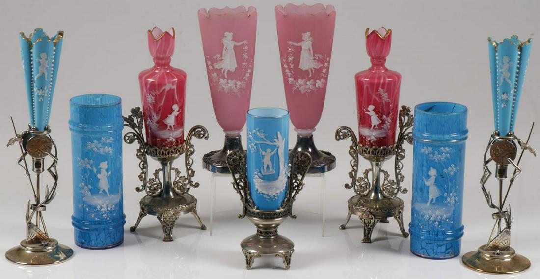 MARY GREGORY VASES, C. 1890-1915: MARY GREGORY VASES, C. 1890-1915. Comprising four matching pairs of Bohemian (AKA Mary Gregory) enamel decorated glass vases of various shapes, sizes, and colors, as well as one individual vase. Consi