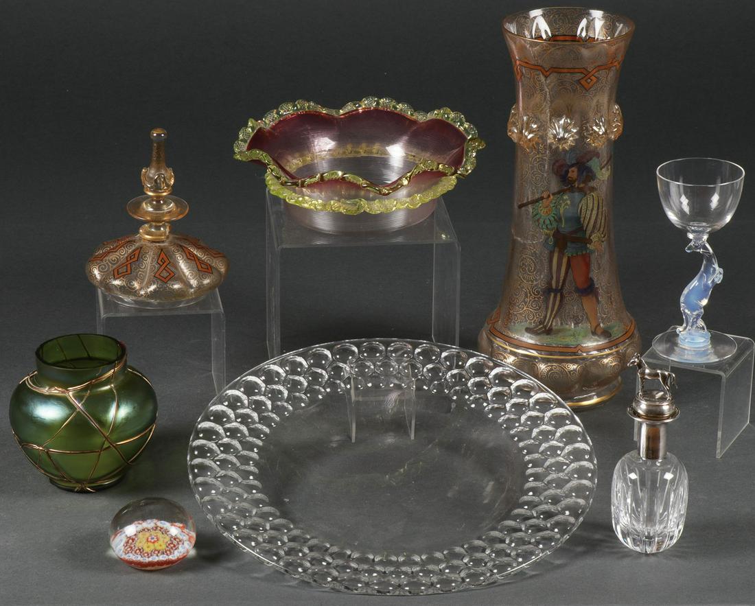 MIXED ART GLASS GROUP, CIRCA 1870-1930: MIXED ART GLASS GROUP, CIRCA 1870-1930. Comprising a large lidded Bohemian hand-painted pokal with ribbed sides and lobed fitted lid. Noticeably repaired. Height 18.25 inches, an Austrian iridized gre