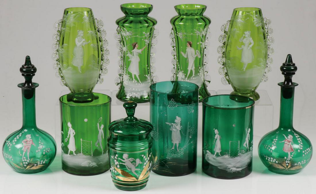 10 PIECES MARY GREGORY GREEN GLASS: 10 PIECES MARY GREGORY GREEN GLASS. Comprising ten individual pieces Bohemian (AKA Mary Gregory) enamel decorated glassware including three matching pairs, consisting of a pair of footed, ribbed, matc