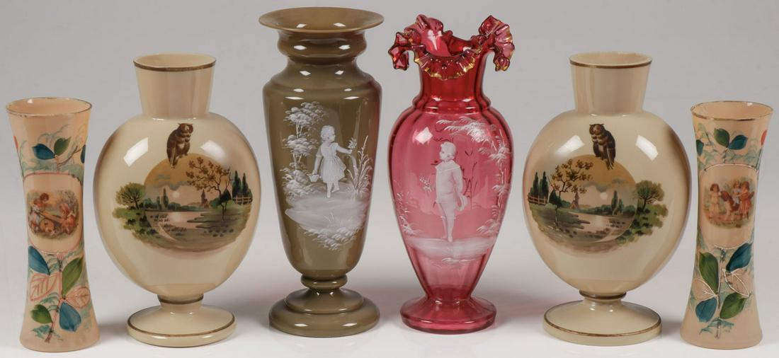 BOHEMIAN AND ENGLISH DECORATED VASES C. 1900: BOHEMIAN AND ENGLISH DECORATED VASES C. 1900. Comprising six individual vases including 2 matching pairs of Bristol vases as well as a Bohemian (AKA Mary Gregory) enamel decorated cranberry vase with 