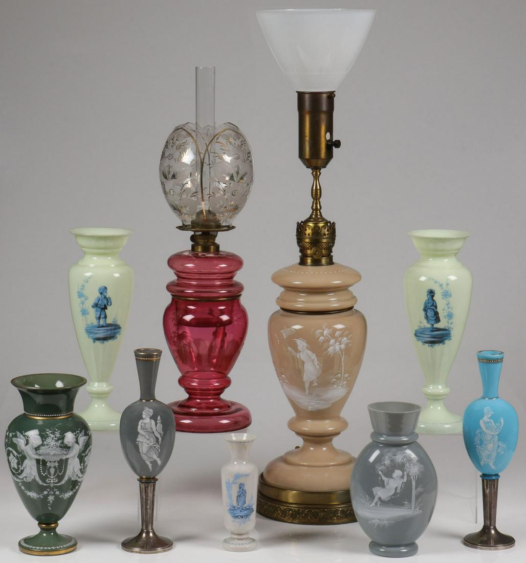 14 PIECES MARY GREGORY ART GLASS: 14 PIECES MARY GREGORY ART GLASS. Comprising 14 individual pieces of mostly Bohemian (AKA Mary Gregory) enamel decorated art glass consisting of various items, shapes, sizes, and colors, including a l