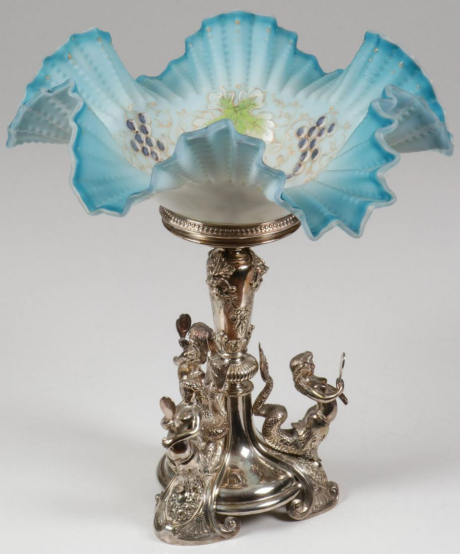 ENGLISH VICTORIAN FIGURAL CENTERPIECE, C. 1875: A FINE ENGLISH VICTORIAN FIGURAL CENTERPIECE, C. 1875. Comprising an exceptionally well-sculpted heavy silver-plated Thomas Latham & Ernest Morton, Birmingham figural centerpiece base comprised of thr