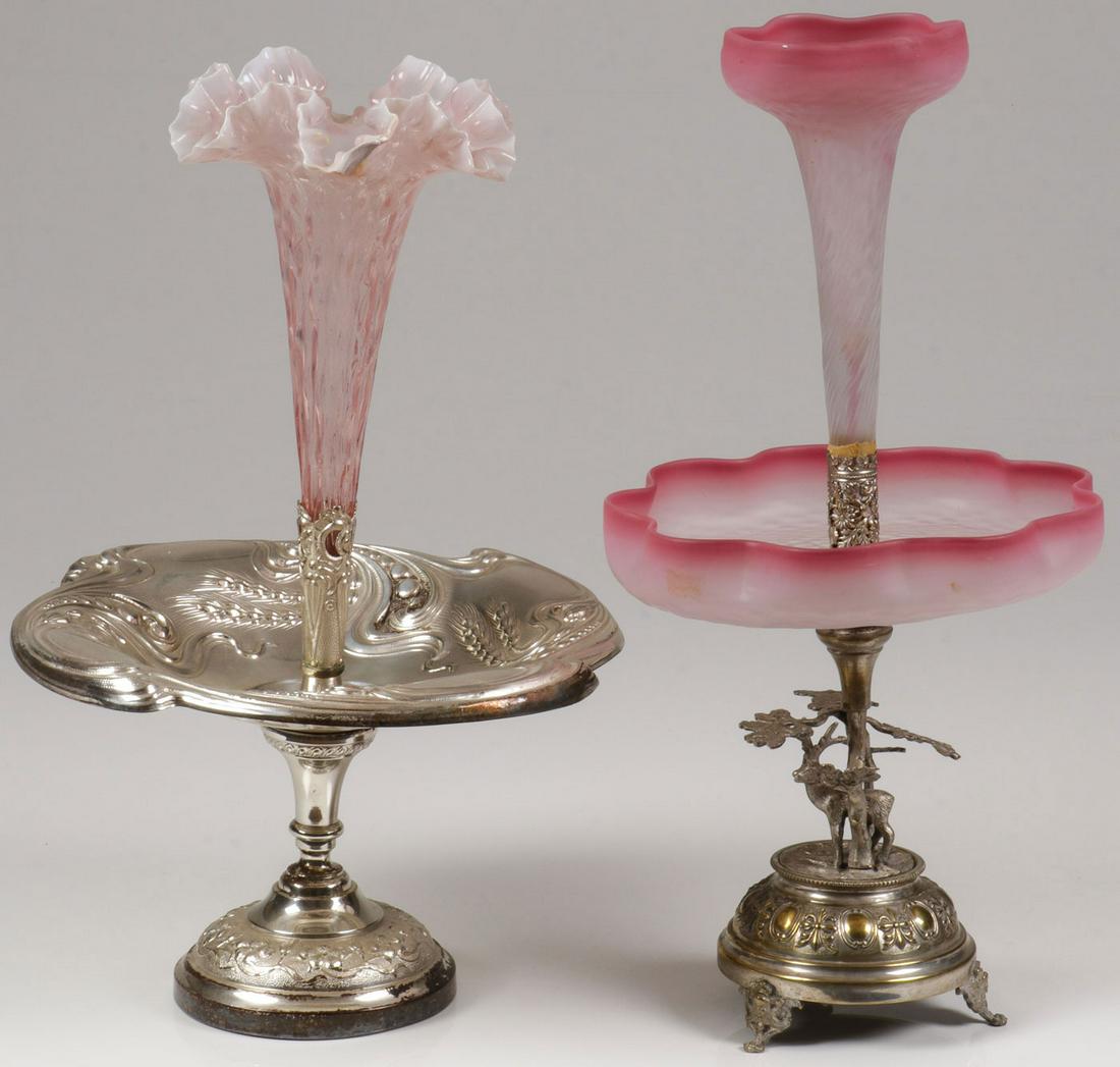 PAIR VICTORIAN CENTERPIECE EPERGNES, C. 1890: PAIR VICTORIAN CENTERPIECE EPERGNES, C. 1890. Comprising two individual Victorian silver-plated centerpiece epergnes, one with pink to white satin glass ruffled bowl and trumpet vase, also with ruffle