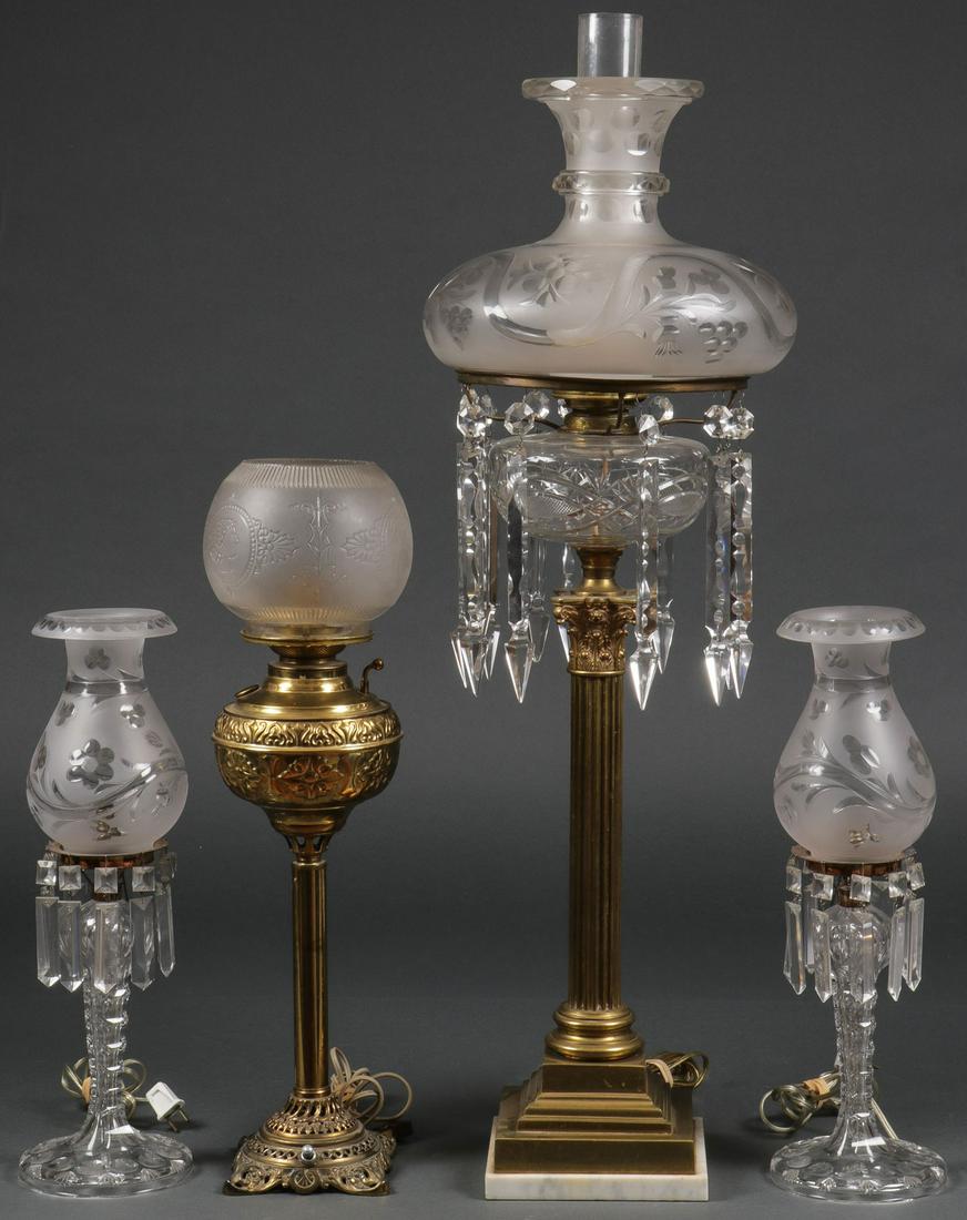 VINTAGE LIGHTING GROUP: VINTAGE LIGHTING GROUP. Comprising a group of vintage lighting including a large brass and crystal parlor lamp, the stepped base supporting a fluted Corinthian column, with cut glass oil font beneath 