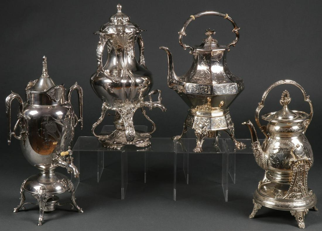 FOUR AESTHETIC SILVER-PLATED COFFEE URNS: FOUR AESTHETIC SILVER-PLATED COFFEE URNS. Comprising four ornate silver-plated coffee urns or tilting kettles in the aesthetic style, including an exceptional Pairpoint urn (samovar) in the Art Nouvea