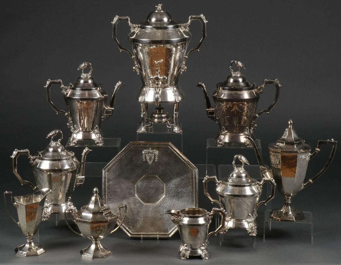SILVER-PLATED COFFEE SERVICE WARES: SILVER-PLATED COFFEE SERVICE WARES. Comprising 10 individual silver-plated pieces including five matching Webster silver-plated coffee service wares including three matching coffee pots with hinged li