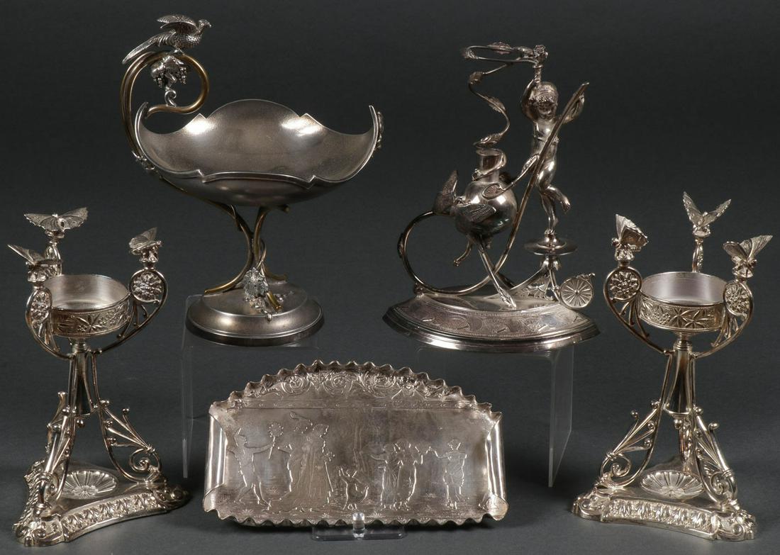 VICTORIAN SILVER-PLATE, 19TH C: VICTORIAN SILVER-PLATE, 19TH C. Comprising five individual pieces of ornate Victorian period silver-plate in the aesthetic style including a pair of matching Roger's vase holders, the triangular base 