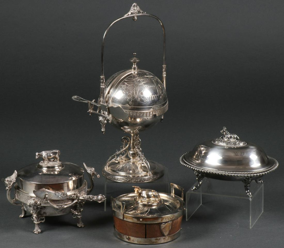 VICTORIAN SILVER-PLATED BUTTERS: VICTORIAN SILVER-PLATED BUTTERS. Comprising four ornate silver-plated butters, three with cow finials on fitted lid, a spherical shape example with split rolling lid, including examples by Middletown,