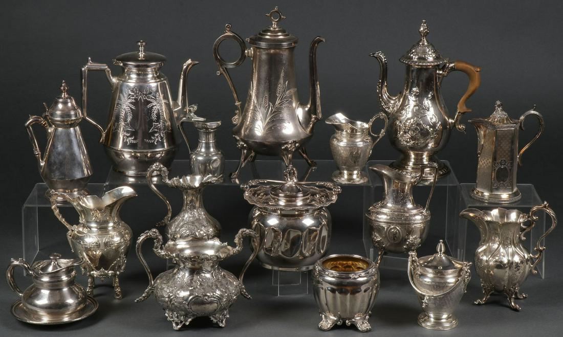 16 PCS VICTORIAN SILVER-PLATE: 16 PCS VICTORIAN SILVER-PLATE. Comprising 16 individual pieces of Victorian period silver-plated table wares of various shapes, sizes, and by various makers including three coffee pots, two syrups, fi