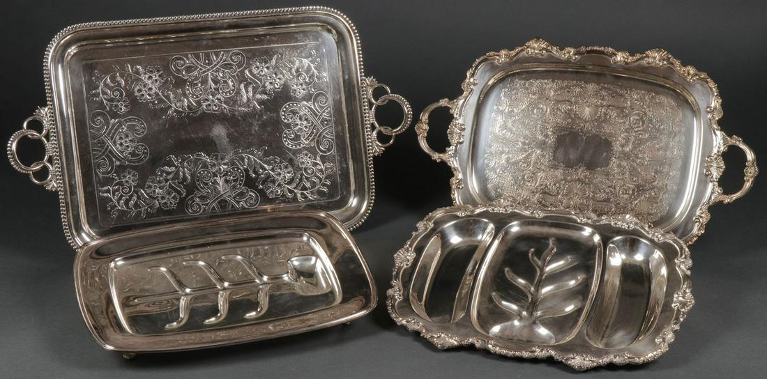 FOUR HEAVY SILVER-PLATE TRAYS: FOUR HEAVY SILVER-PLATE TRAYS. Including a Pairpoint Sheffield footed carving tray, two Wallace Chippendale pattern trays, a large and impressive chased Meriden tray in the aesthetic style. Greatest w