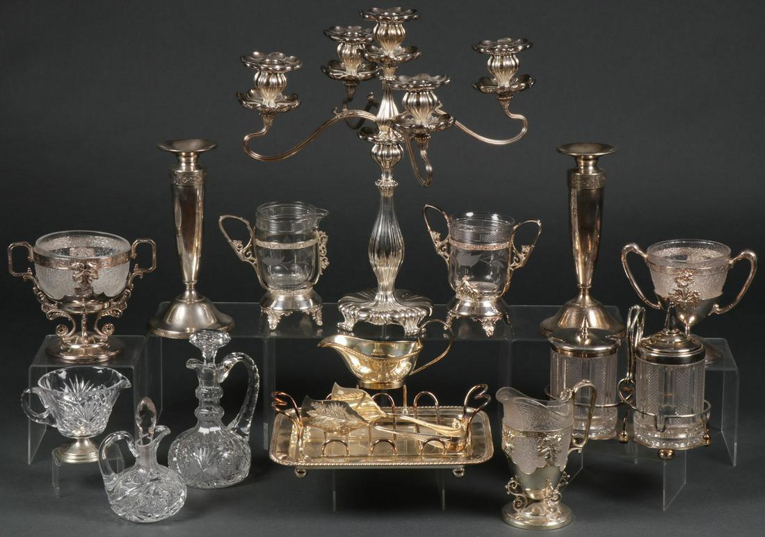 VINTAGE SILVER-PLATE LOT INC'L PAIRPOINT: VINTAGE SILVER-PLATE LOT INC'L PAIRPOINT. Comprising over a dozen individual pieces featuring a large and impressive Pairpoint silver-plated five-light candelabra in the Art Nouveau taste. Including a