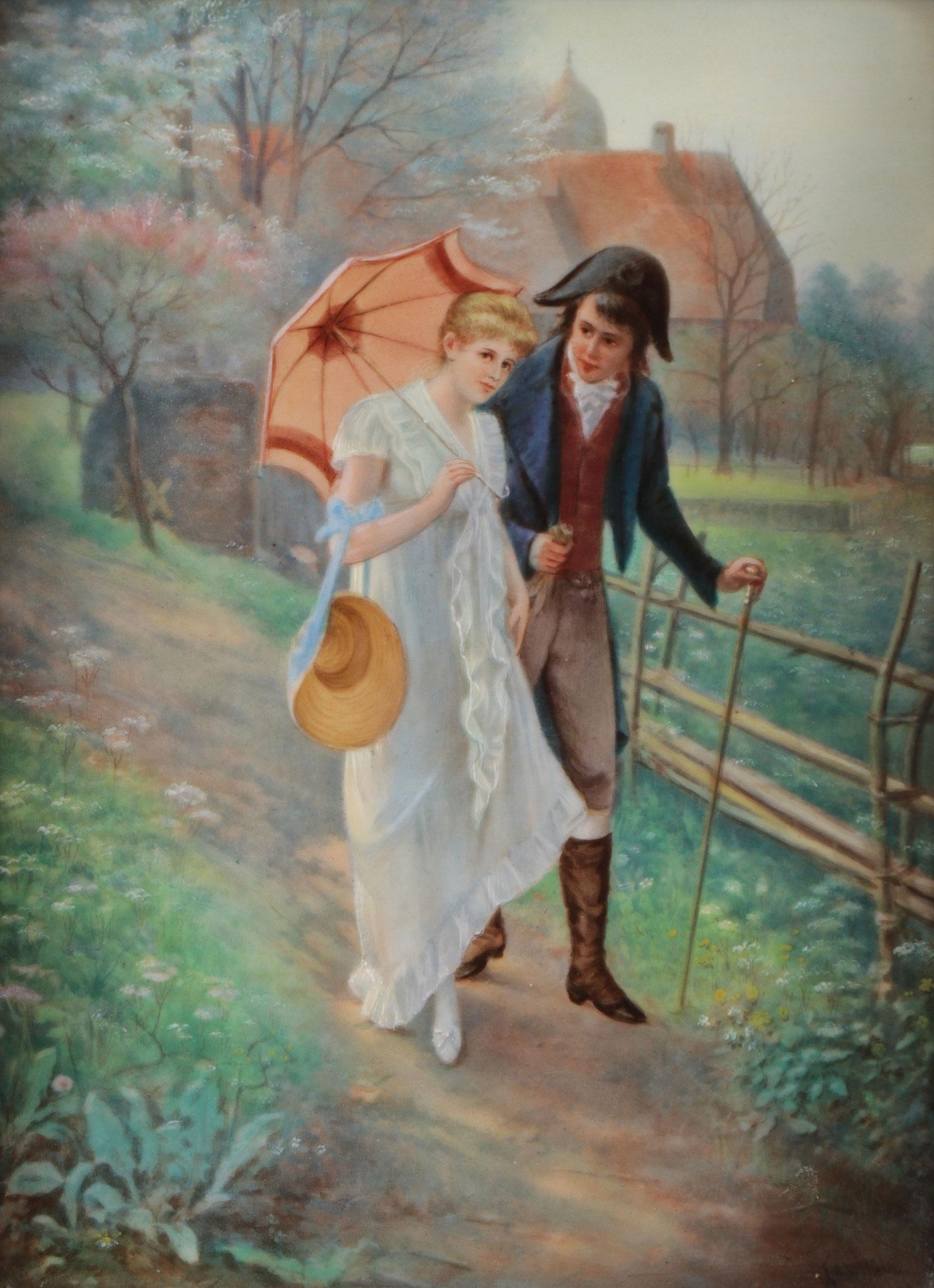 A FINE ARTIST SIGNED KPM PORCELAIN PLAQUE, C. 1900: A FINE ARTIST SIGNED KPM PORCELAIN PLAQUE, C. 1900. Depicting young lovers strolling on a path with a cottage in the background, signed lower right "Knoeller," verso with impressed KPM scepter mark an