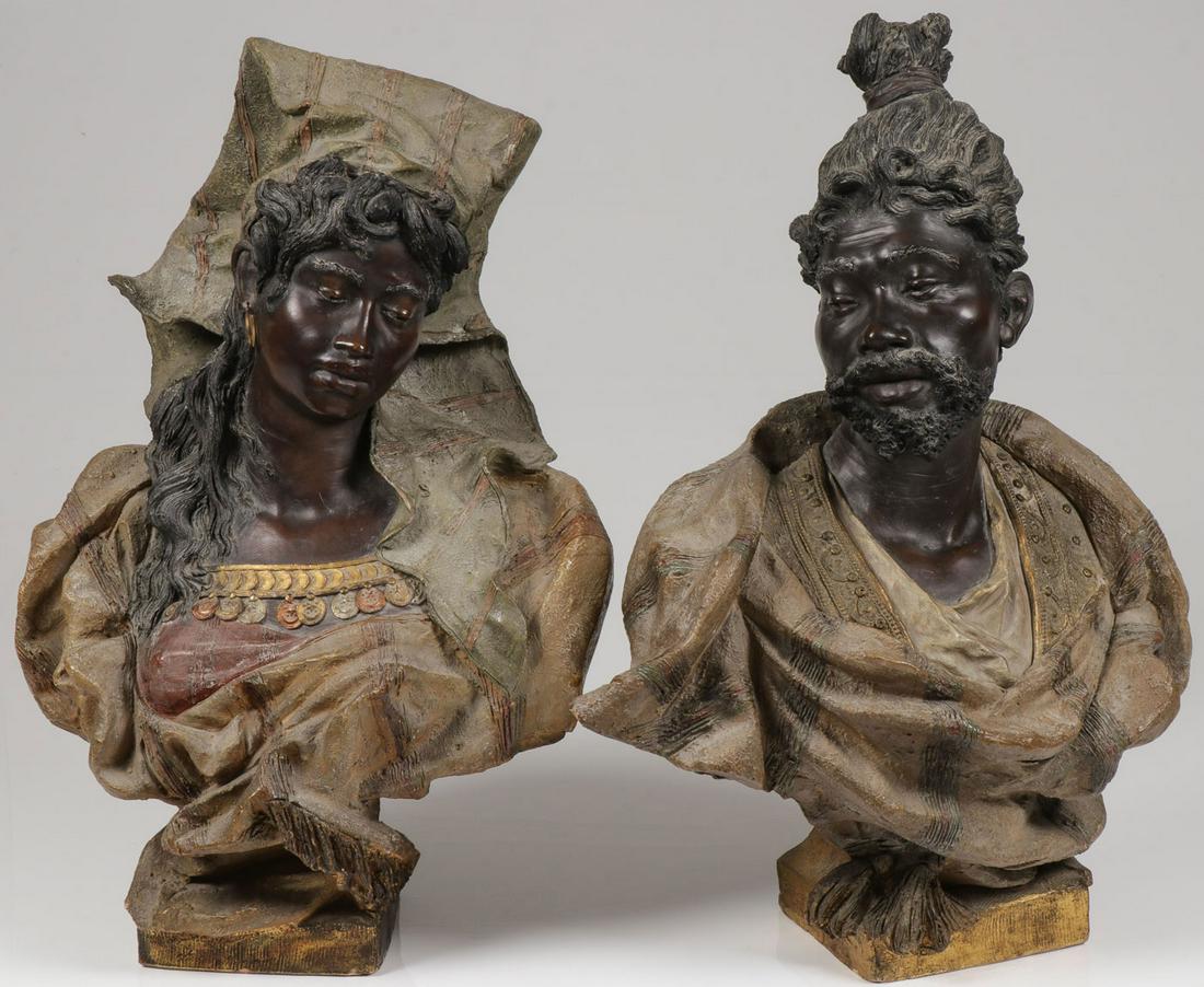 SPECTACULAR GOLDSCHEIDER TERRACOTTA BUSTS, ARAB: FRIEDRICH GOLDSCHEIDER (Austrian/French 1845-1897) Bust of Moroccan Man and Woman Polychrome terracotta Signed on verso F. Goldscheider, Wein Height 22 inches each (56 cm) Provenance: