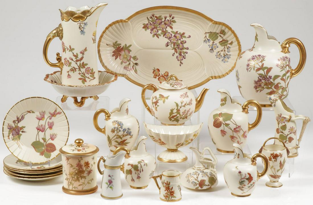 22 PIECES ROYAL WORCESTER: 22 PIECES ROYAL WORCESTER. Comprising 22 pieces of finely decorated Royal Worcester porcelain, consisting of various shapes, forms, and sizes, including six matching floral decorated plates with ribbe