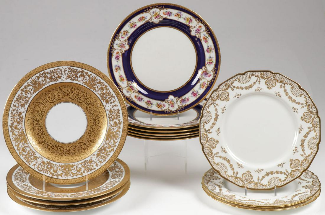 ROYAL DOULTON PORCELAIN & OTHER, C. 1910: ROYAL DOULTON PORCELAIN & OTHER, C. 1910. Comprising a set of six special commission Royal Doulton dinner plates in cobalt blue with floral and gilt decoration by E. Percy (Edwin Wood & Percy Curnock)