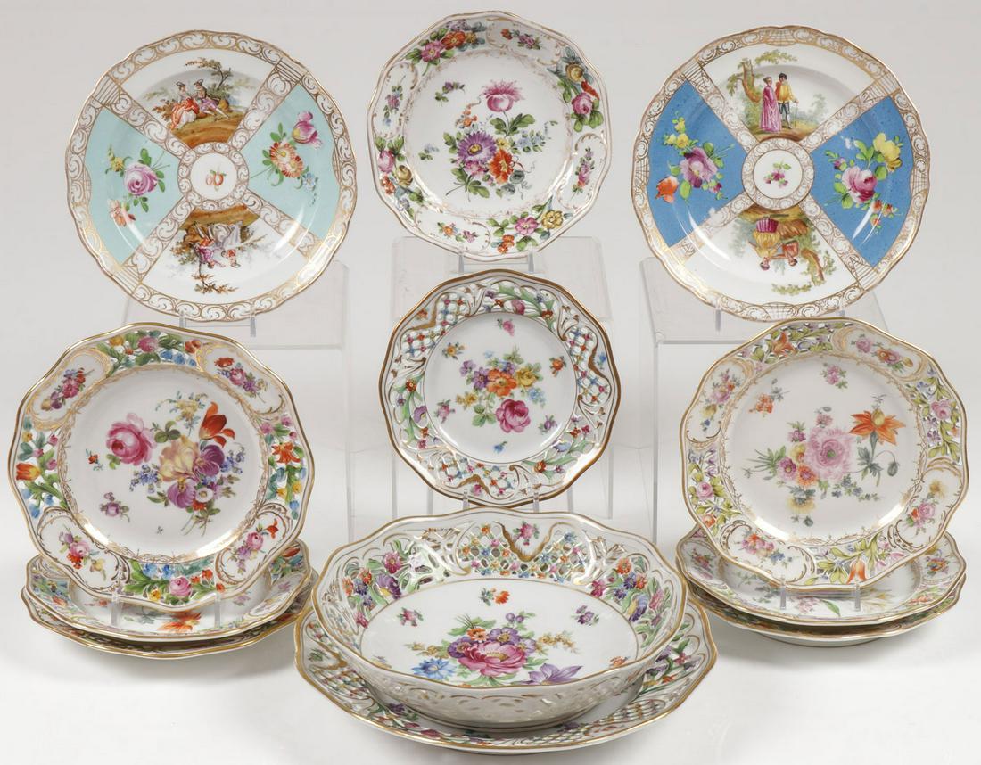 12 GERMAN PORCELAIN FLORAL PLATES, 19TH C: 12 GERMAN PORCELAIN FLORAL PLATES, 19TH C. Comprising four matching plates with pierced rim and floral and gilt decorated borders with the blue underglaze mark for Carl Thieme, diameter 7.25 inches (1