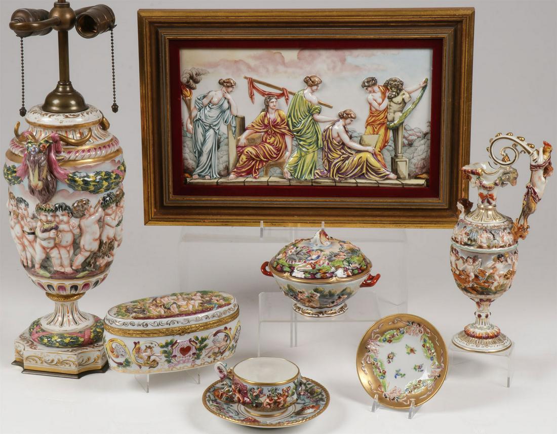 EIGHT PIECES OF CAPODIMONTE: EIGHT PIECES OF CAPODIMONTE. Comprising eight good pieces of Capodimonte including a finely decorated double handled covered bowl with matching underplate, an oval box with hinged lid and gilt bandin