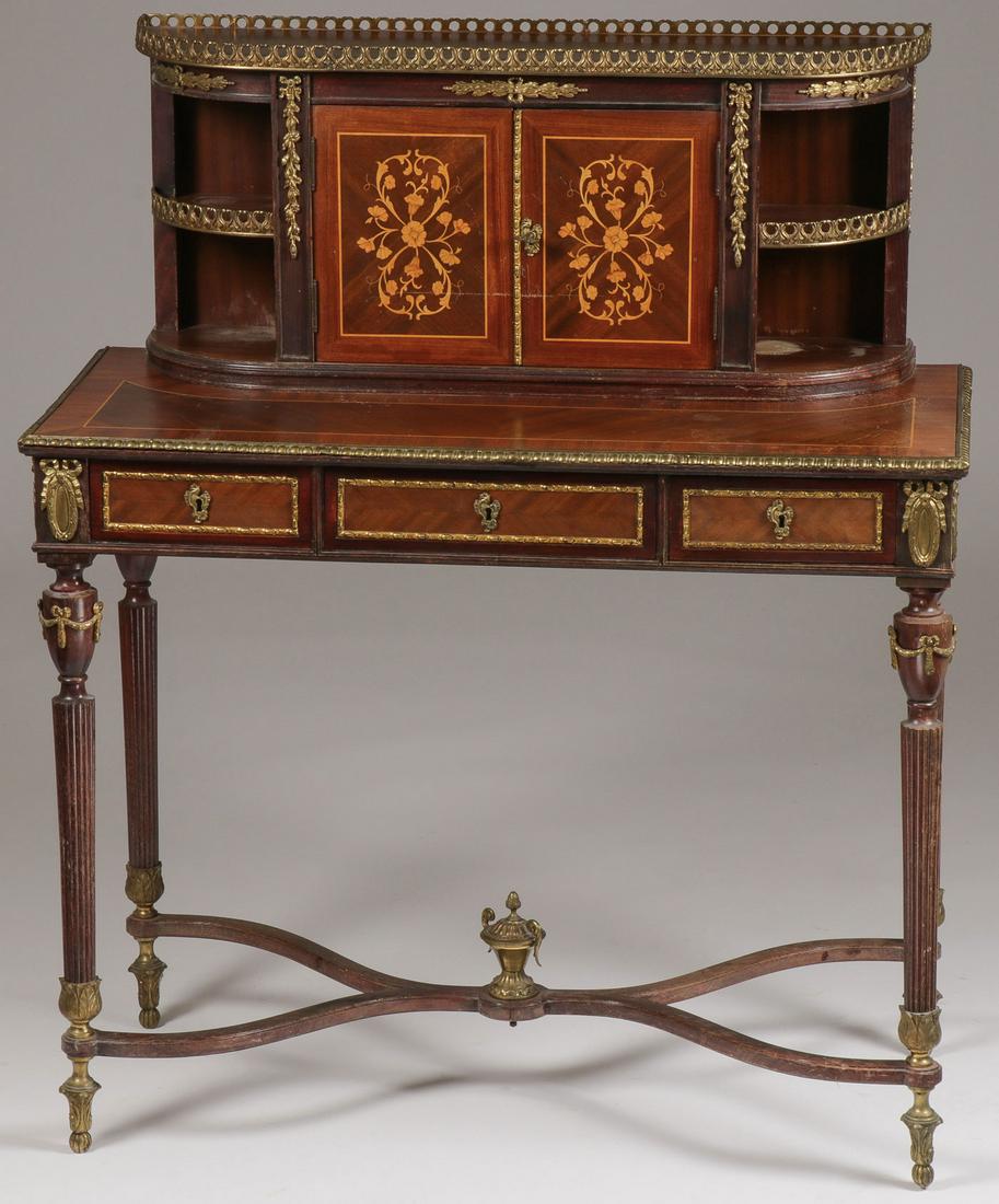 LOVELY LOUIS XV STYLE LADY'S DESK: LOUIS XV STYLE ORMOLU & INLAY LADY'S DESK. The upper case with pierced brass gallery top over two marquetry doors flanked by rounded shelves over a rectangular top fitted with three paneled drawers, r