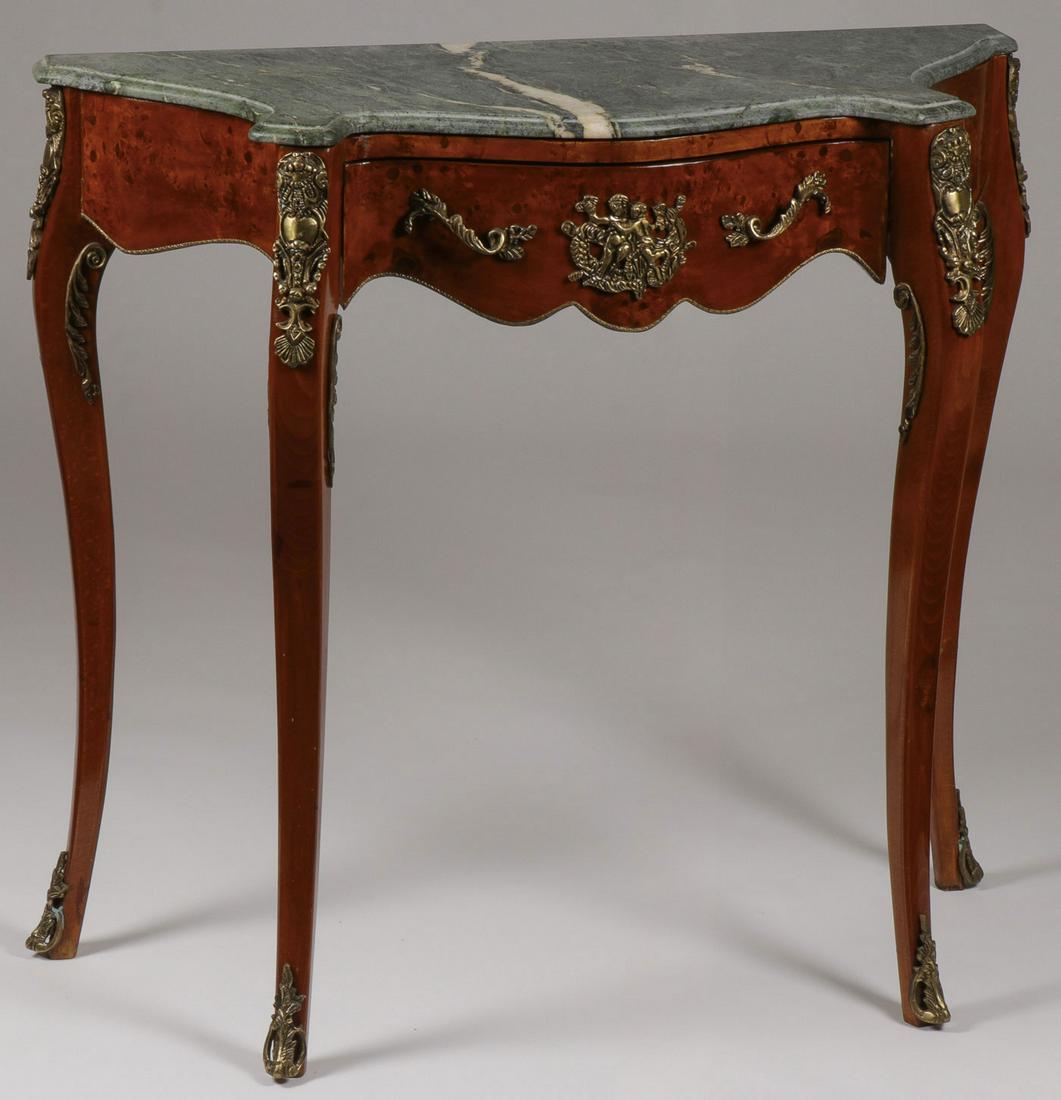 A FRENCH STYLE CONSOLE TABLE: A FRENCH STYLE CONSOLE TABLE. Comprising an impressive American Rococo revival Rosewood center table, the serpentine marble top over a conforming frieze with scroll and leaf carving raised on foliate