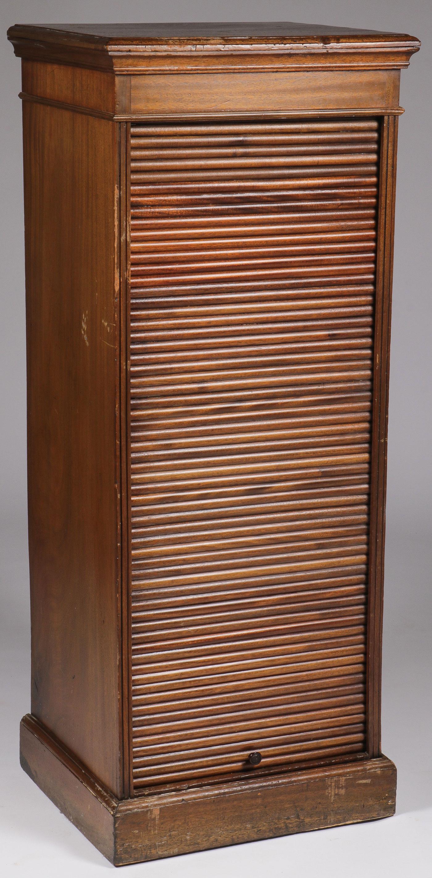 AN INTERESTING WOOD SPECIMEN CABINET, 19TH C: AN INTERESTING WOOD SPECIMEN CABINET, 19TH C. Comprising a large upright cased display cabinet with large rolling tambour door (needs a little simple repair) opening to reveal 12 separate specimen dra
