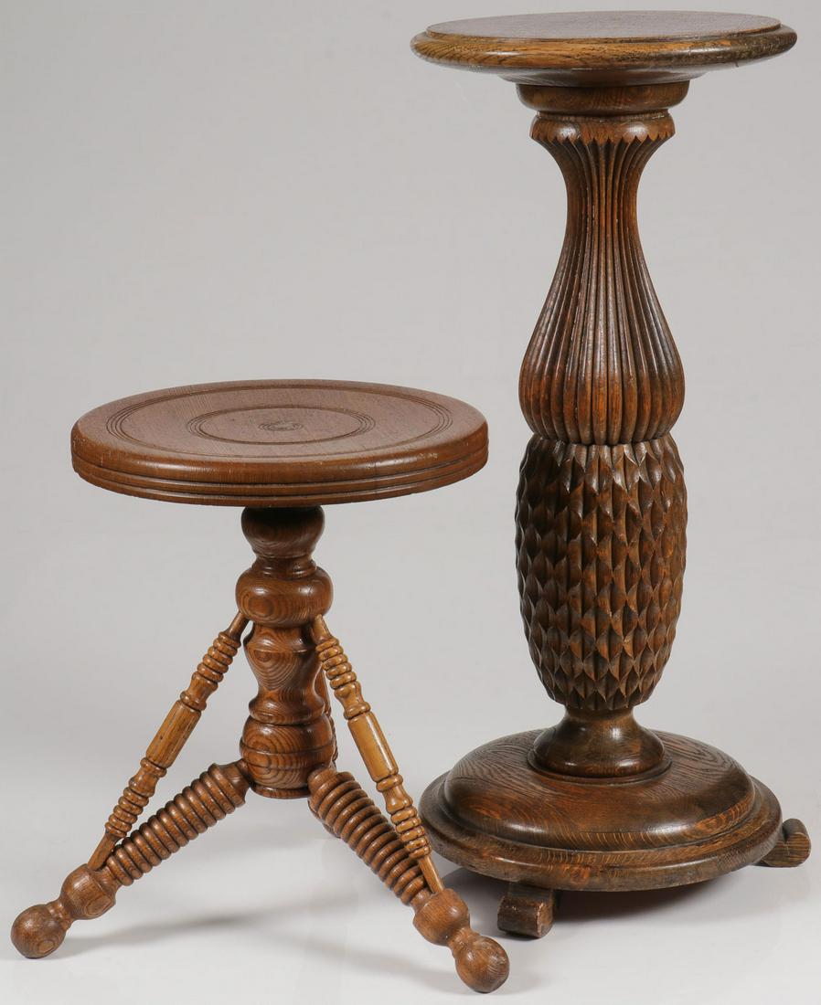 A HEAVY OAK PEDESTAL & STOOL: A HEAVY OAK PEDESTAL & STOOL. Comprising a substantial oak pedestal on three shaped feet with pineapple carved center pedestal and circular top with beveled edge, height 30 inches, diameter 13 inches.