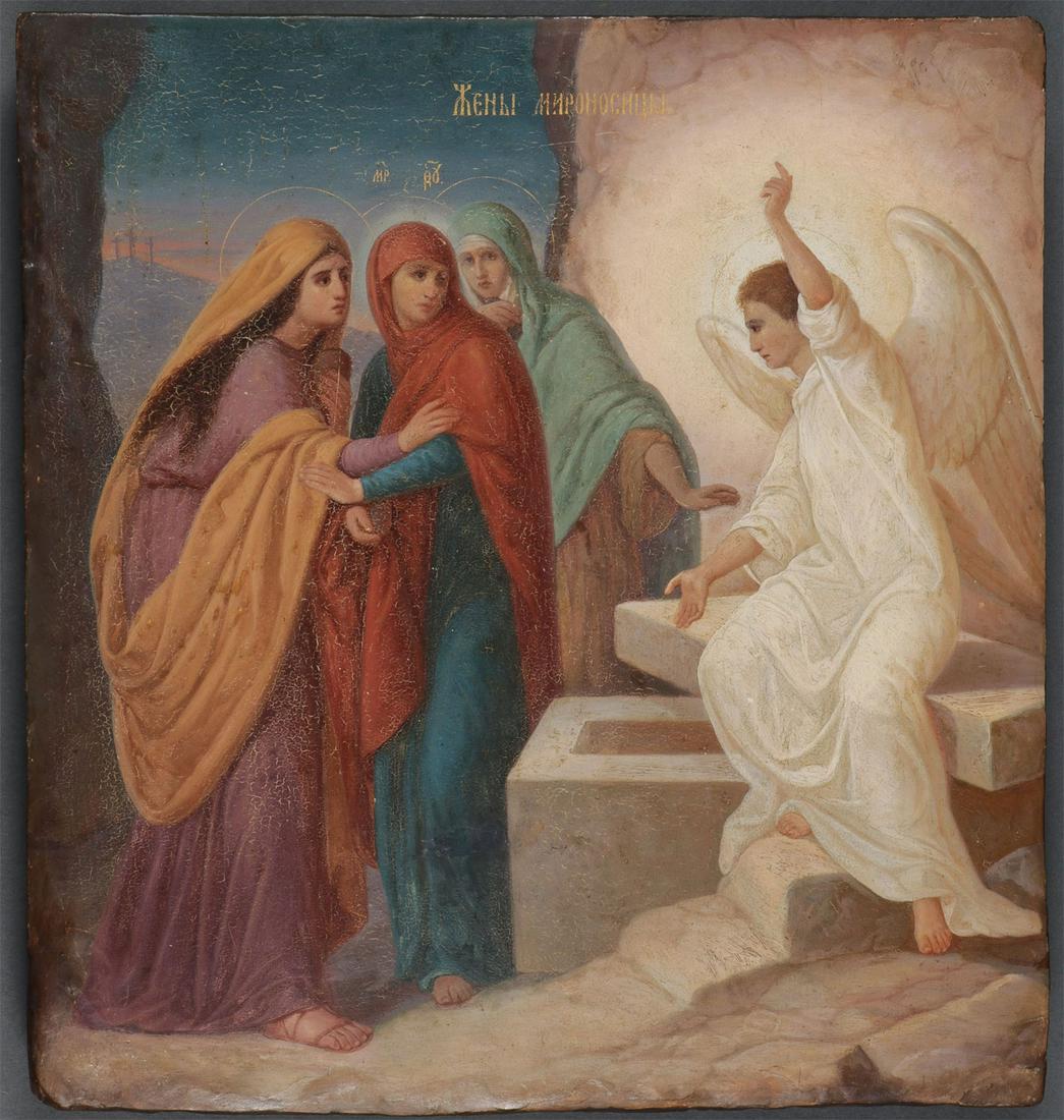 RUSSIAN ICON OF THE MYRRH-BEARING WOMEN, C. 1900: RUSSIAN ICON OF THE MYRRH-BEARING WOMEN, C. 1900. A large and impressive icon in the Abramstevo School style, depicting three women holding Myrrh and visiting the empty tomb of Christ. The gilt inscr