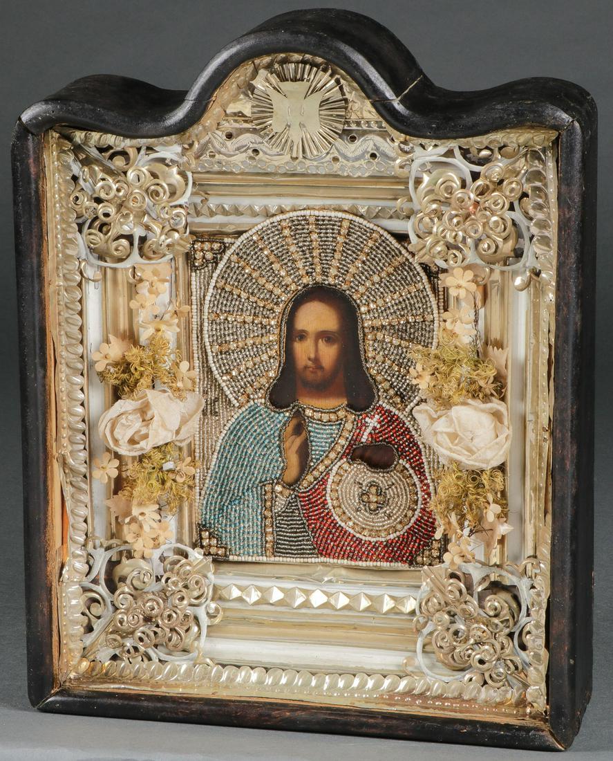 A RUSSIAN ICON OF CHRIST, 19TH C: A RUSSIAN ICON OF CHRIST, 19TH C. Contained in its original custom-made arched top shadow box frame (kiot). Here Christ is shown delivering a blessing with his right hand as his left hand rests on an 