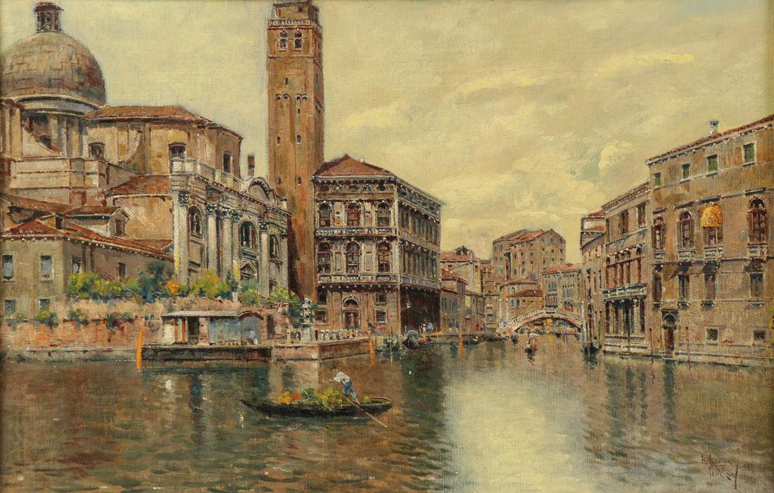 ANTONIO MANESCAU VENETIAN PAINTING: ANTONIO MARIA DE REYNA MANESCAU (Spanish 1859-1937) View of a Venetian CanalÂ Oil on canvas laid down Signed lower right 12 inches x 18 inches (30.5 X 45.7 cm) SHIPPING NOTICE:
