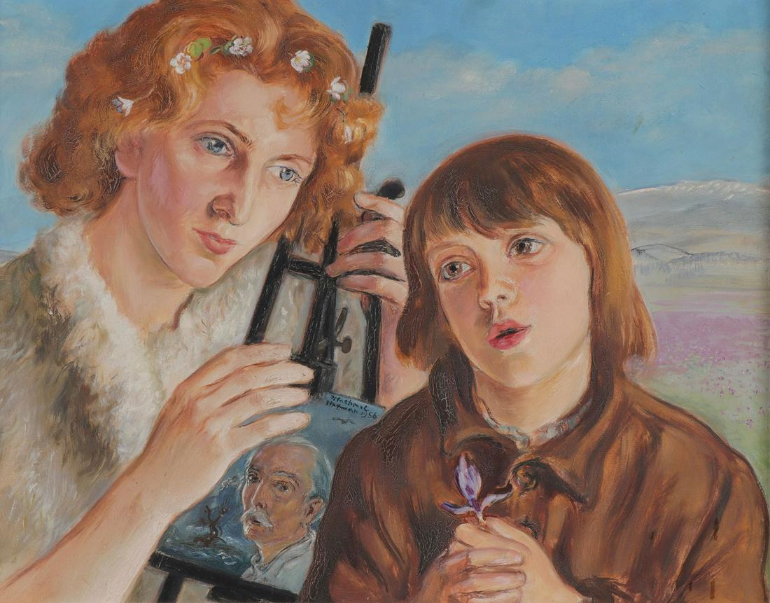 VLASTIMIL HOFMAN POLISH PAINTING, SIGNED: WLASTIMIL HOFMAN (Polish 1881-1970) A Mother and Daughter Holding Self Portrait of Artist- 1956 Oil on board Signed and dated at center and further inscribed in Polish on verso, "In the memory of the 