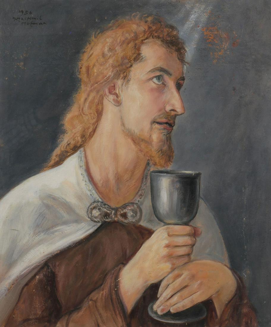 VLASTIMIL HOFMAN POLISH PAINTING, SIGNED: WLASTIMIL HOFMAN (Polish 1881-1970) Christ with Chalice- 1950 Oil on board Signed and dated upper left 26 inches x 21.5 inches (66 x 54.5 cm) Provenance: The estate of th