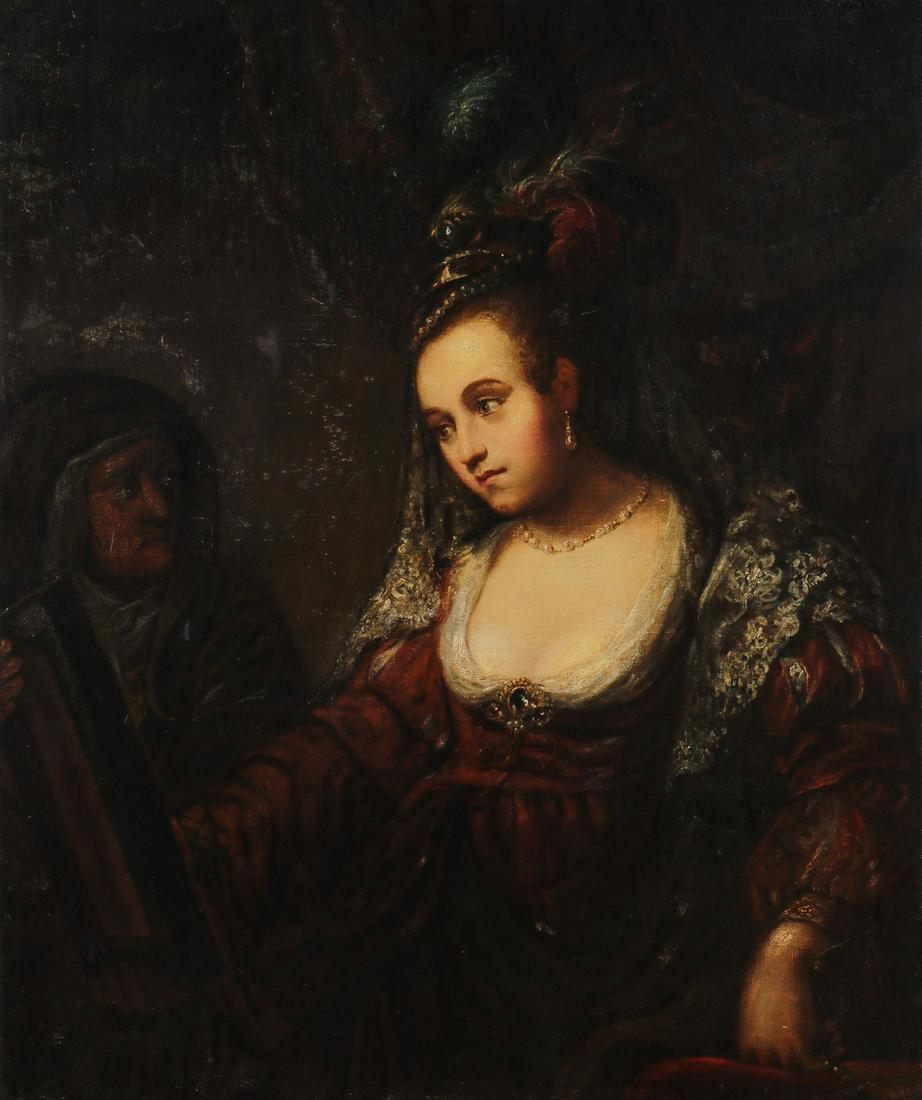 LARGE 18TH CENTURY DUTCH SCHOOL OIL PAINTING: 18th Century follower of FERDINAND BOL (Dutch 1616-1680)Woman looking in a Mirror with a Maidservant c.1780-1810 Oil on canvas Unsigned42.2 inches x 34.8 inches (107 x 88.3 cm), unframed